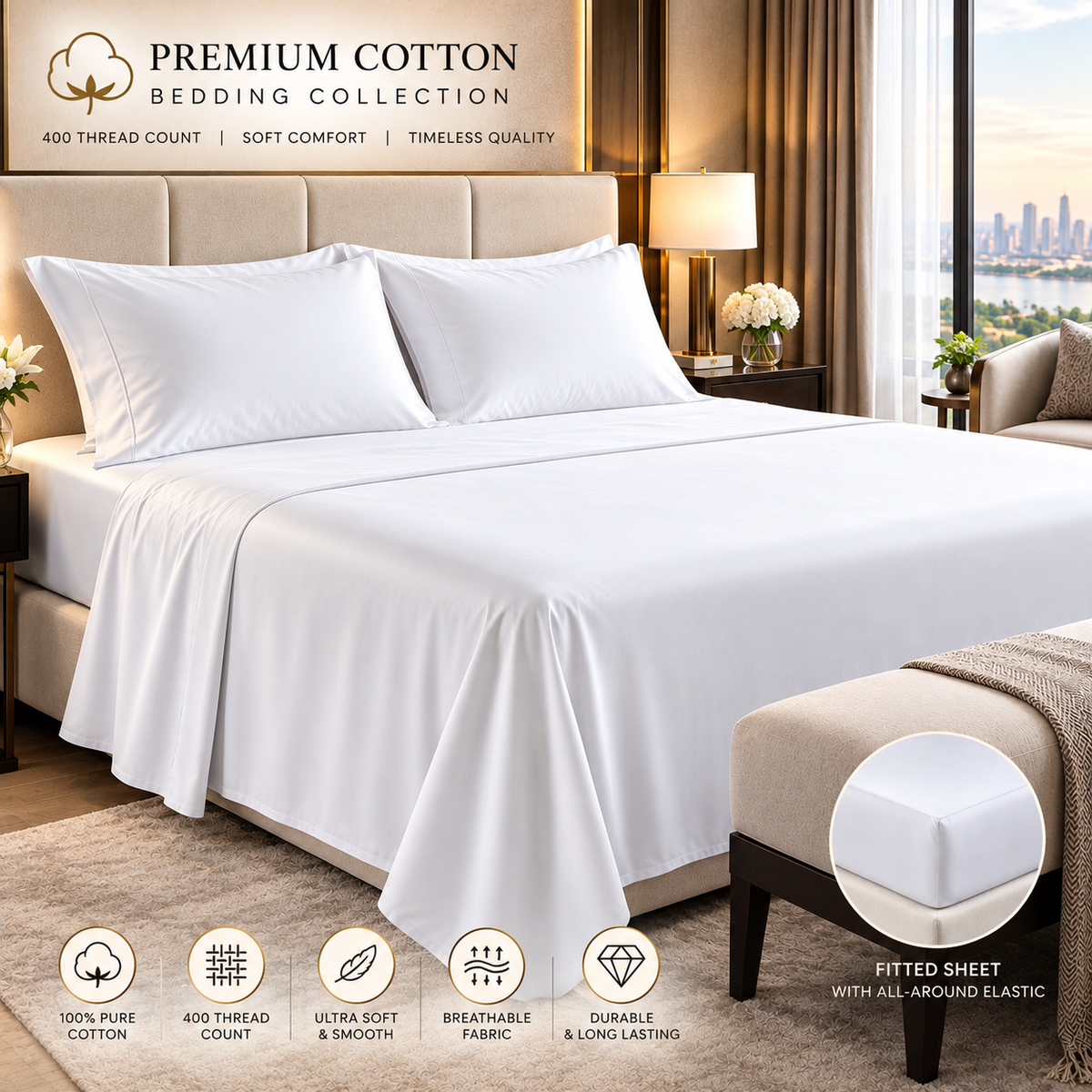 STYLE SQUARE™ Soft Indulgence™ 100% Cotton King Sheet Set, 400 Thread Count Sateen Bed Sheets, Long-Staple Cotton, White, 16-Inch-Deep Pocket, All-Around Elastic, OEKO-TEX Certified, 4 Piece