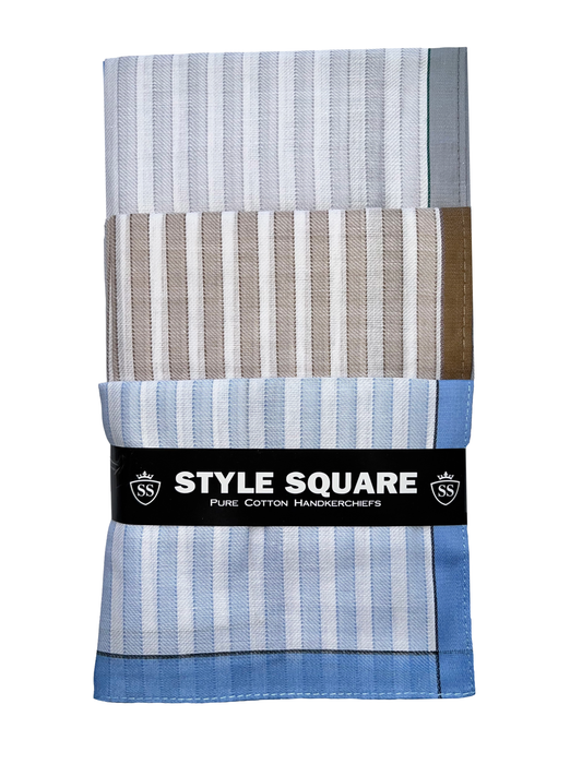 Style Square 100% Cotton Handkerchiefs – Striped Neutral Elegance Pack Of 6 (43 x 43 cm)